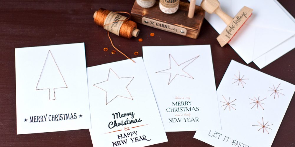 Weihnachtskarten DIY mit Kupfergarn und Vorlagen zum ausdrucken