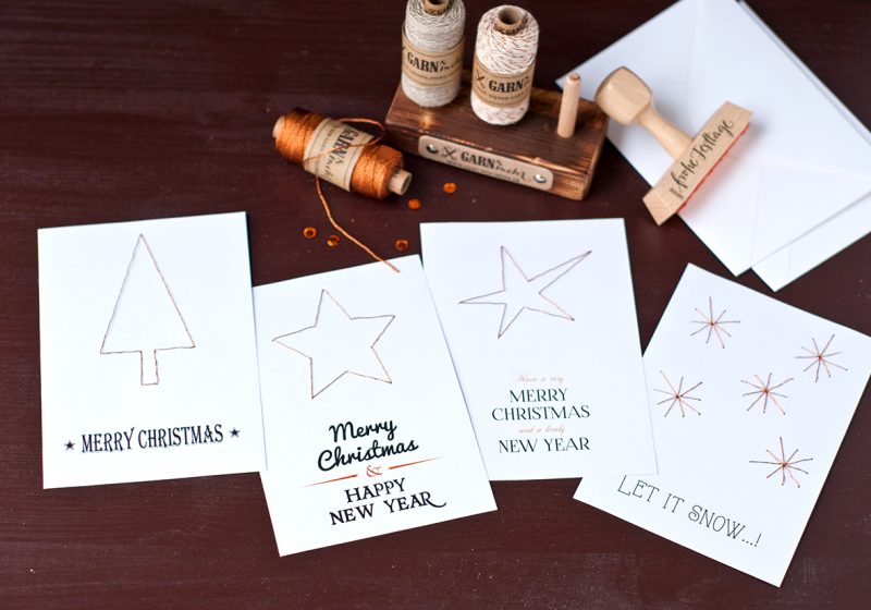 Weihnachtskarten DIY mit Kupfergarn und Vorlagen zum ausdrucken