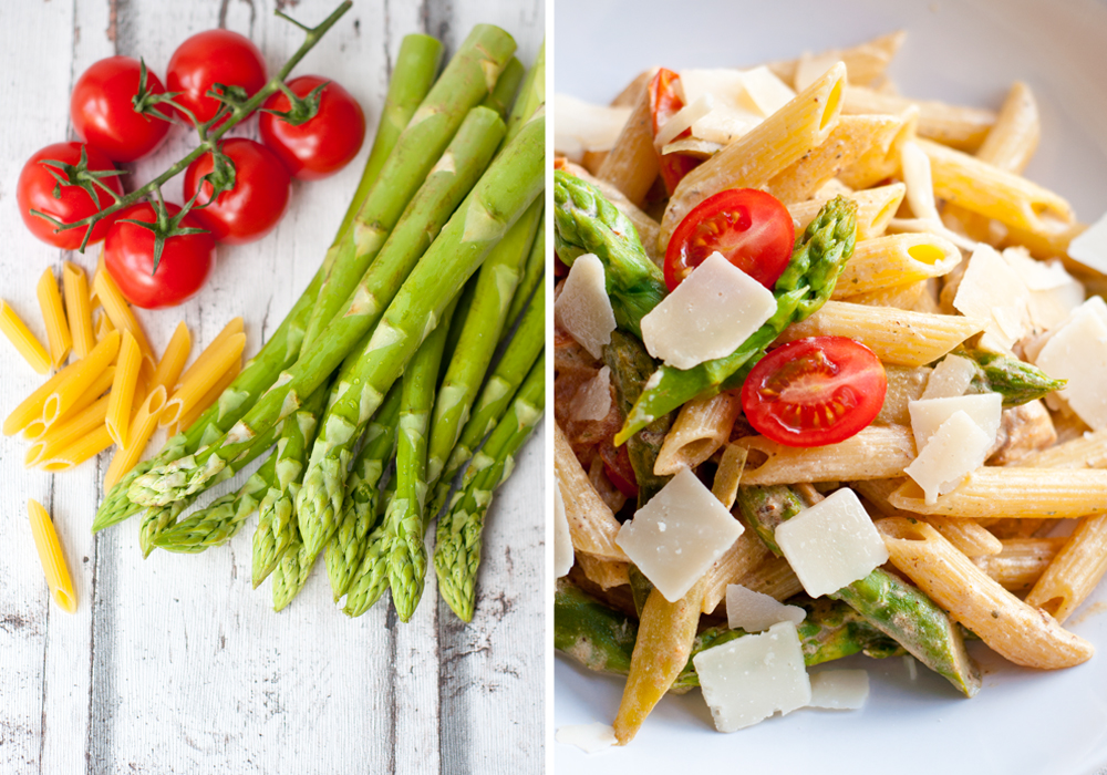 Grüner Spargel mit Pasta und Kirschtomaten