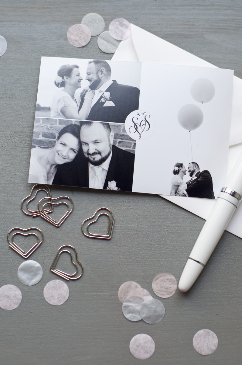 Dankeskarte Hochzeit mit Foto, Konfetti und Herzclips