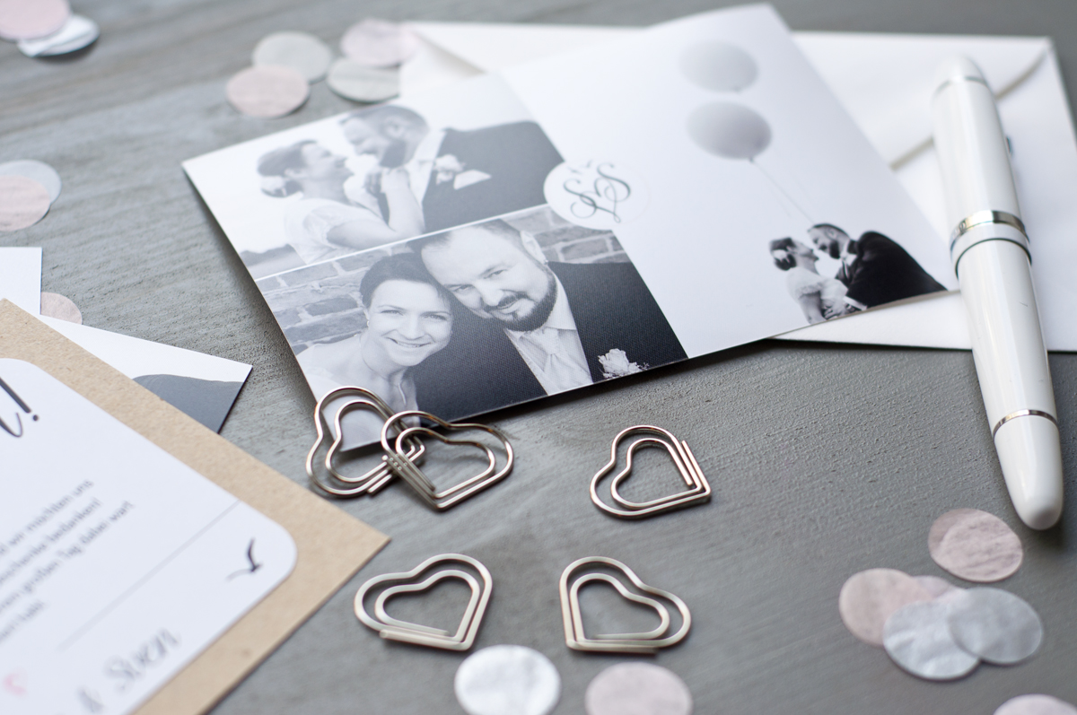Dankeskarte Hochzeit mit Foto und Konfetti