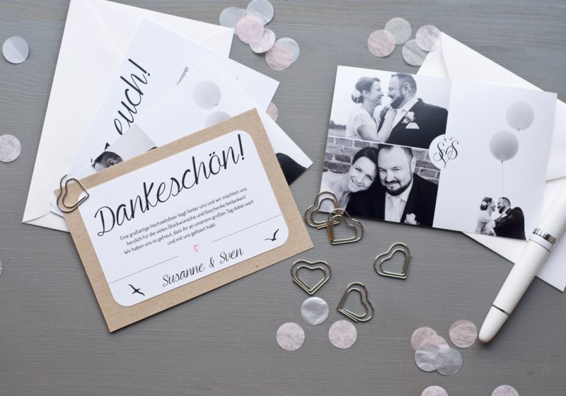 Dankeskarte Hochzeit mit Foto und Konfetti